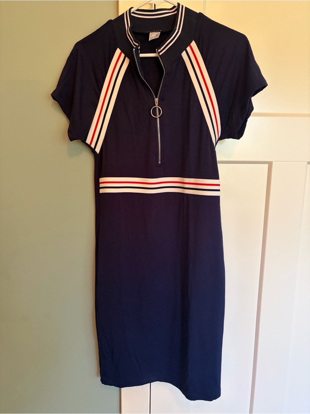 VENUS Navy Midi Zip-Front Dress with Red & White Stripes